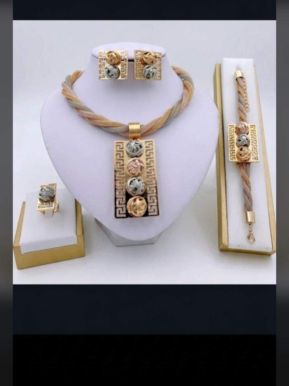 Elegant 3-Tone Gold, Silver & Rose Tone Greek Key Jewelry Set